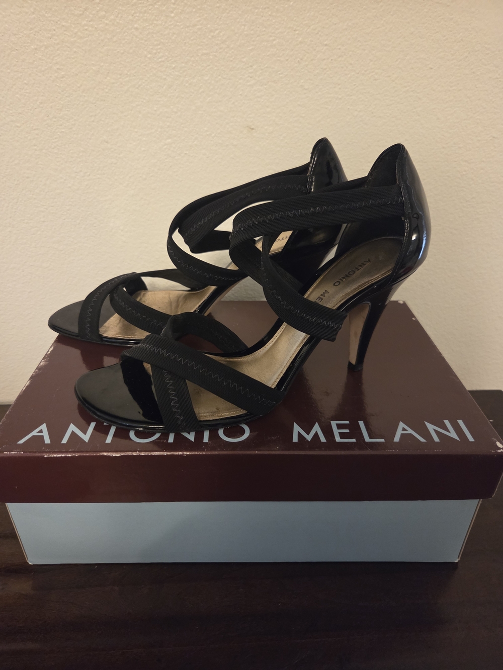 ANTONIO MELANI Black Strappy Stiletto Heels, Size 8